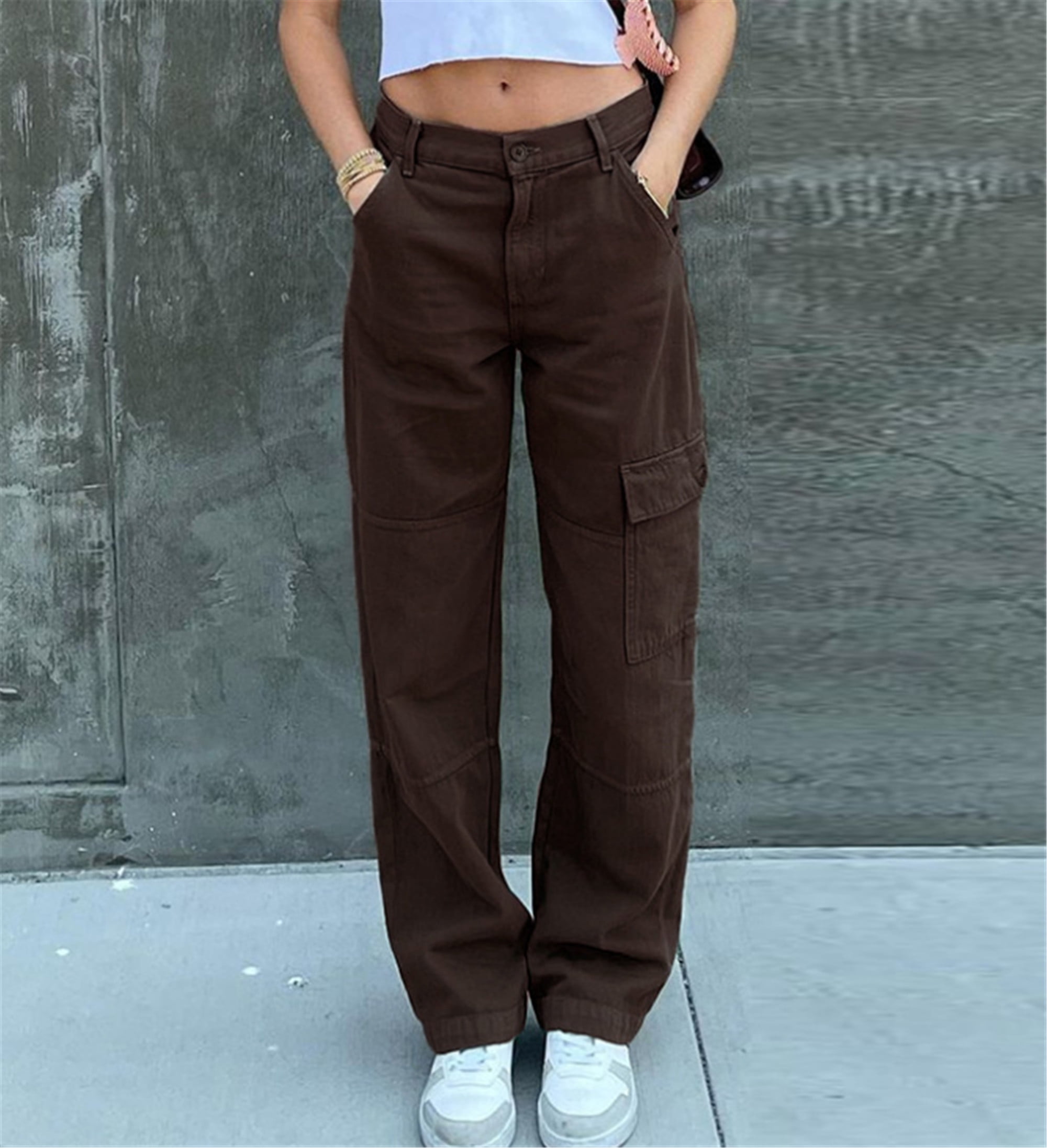 Nokpsedcb Women 's High Waist Wide Leg Baggy Jeans Side Pocket Denim Pants  Vintage Cargo Pants Boyfriend Trousers Streetwear Brown M