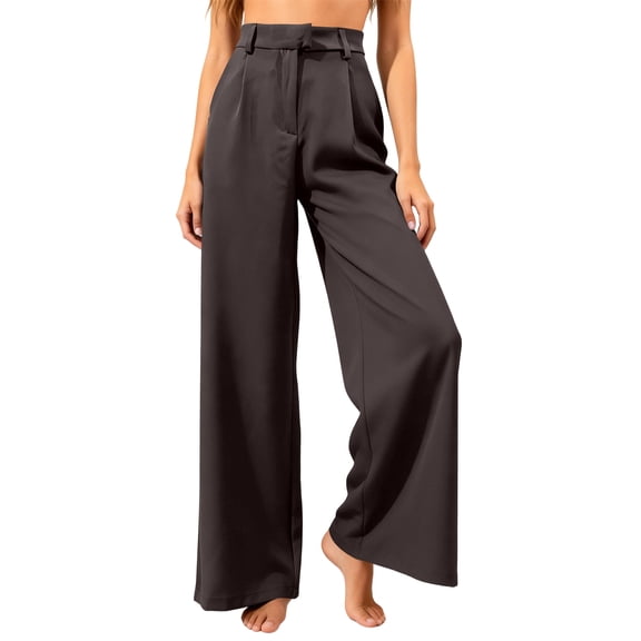 Nokvo Wide Leg Pants Woman Trendy Button Down Elastic Waisted Straight Leg Suit Pants Fall Winter Casual Pleated Front Trousers with Pocket,Coffee XL