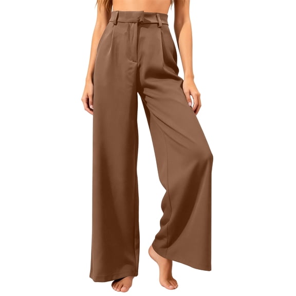 Nokvo Women Pants Wide Leg Trendy Button Down Waist Elastic Straight Leg Suit Trousers Fall Winter Casual Pleated Trousers with Pocket,Brown M