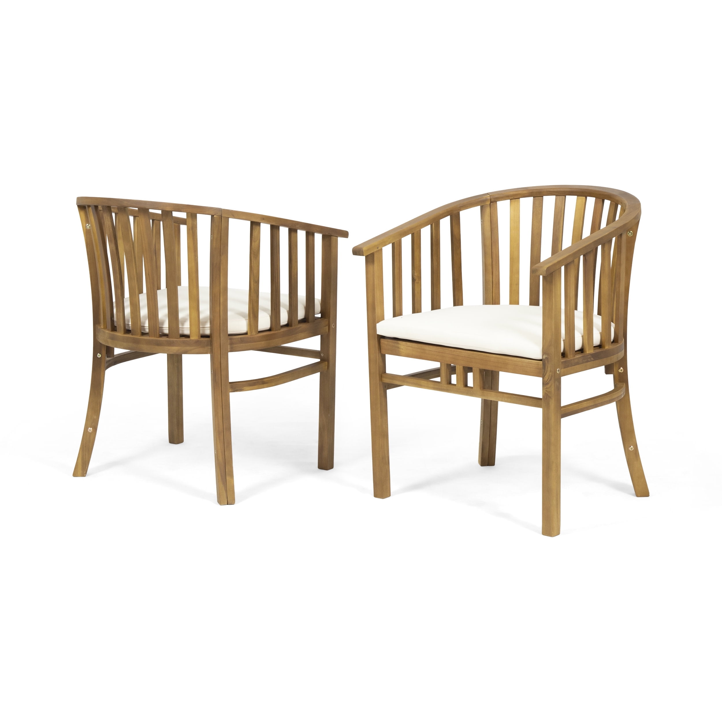 Cream and Teak Outdoor Acacia Wood Dining Chairs with Cushions, Set of 2