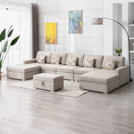 Nolan 152" Beige Linen 6Pc Sectional Sofa with Double Chaise, Interchangeable Legs, Storage Ottoman & Pillows | Walmart US