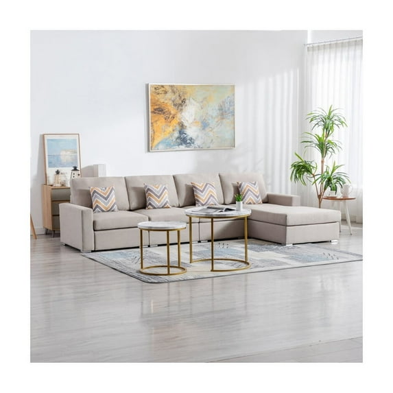 Nolan Beige Linen Fabric 4Pc Reversible Sectional Sofa Chaise with Pillows and Interchangeable Legs