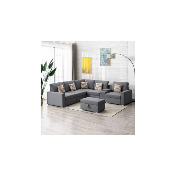 Nolan Gray Linen Fabric 7Pc Reversible Sectional Sofa with Interchangeable Legs, Pillows, Storage Ottoman, and a USB, Charging Ports, Cupholders, Storage Console Table