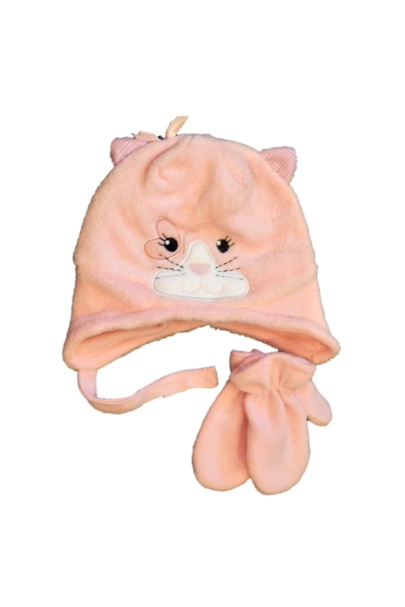 Infant Toddler Girls Pink Fleece Kitty Cat Trapper Hat Mittens Set 2T-4T