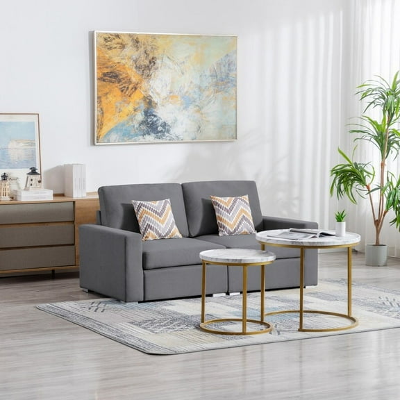 Nolan Linen Fabric Loveseat with Pillows and Interchangeable Legs Grey