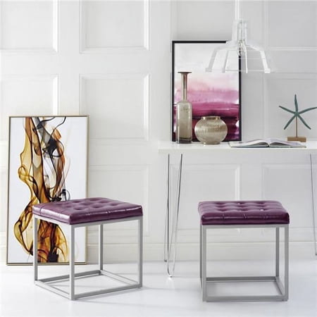 Nolan PU Leather Button Tufted Metal Frame Cube Ottoman - Purple