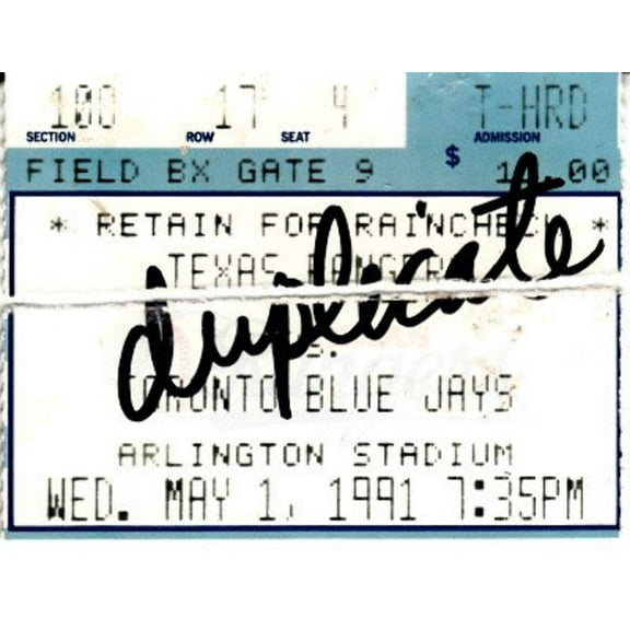 Nolan Ryan 7th No-Hitter May 1 1991 Rangers vs. Blue Jays ticket stub (torn in half)
