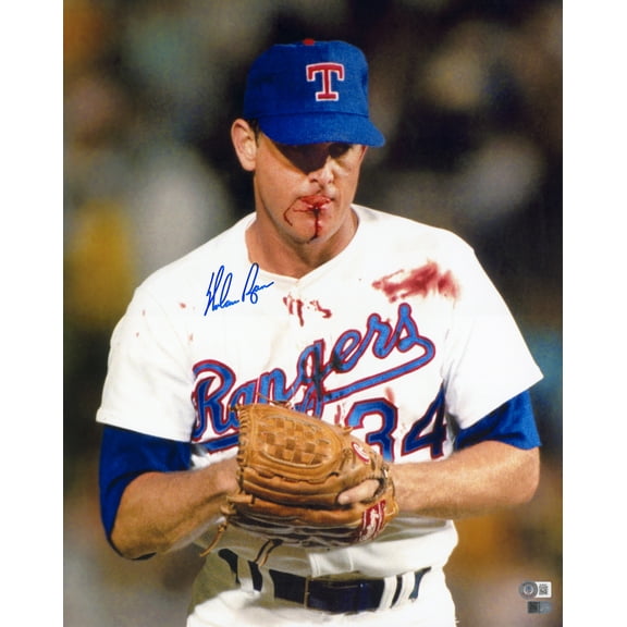 Nolan Ryan Autographed 16x20 Photo Texas Rangers Bloody Lip Beckett BAS QR 222830