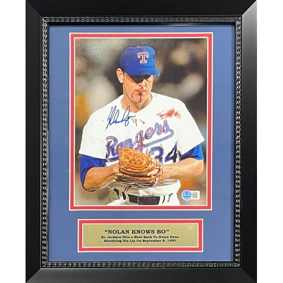 Nolan Ryan Autographed Texas Rangers Signed Baseball 8x10 Framed Photo Bloody Hit By Baseball From Bo Jackson Beckett Authenticated COA