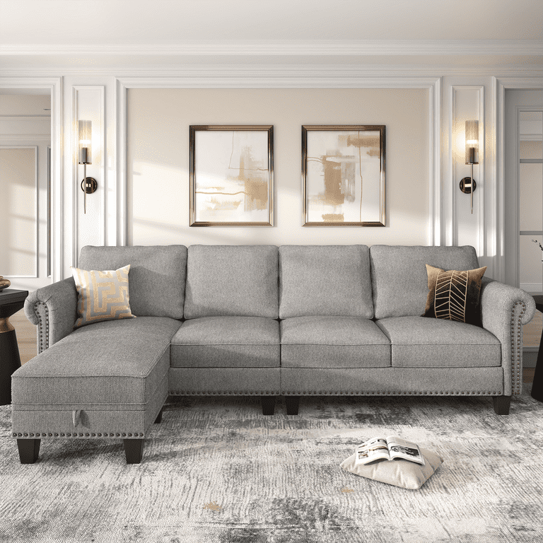 Nolany Convertible Sectional L Shaped Sofa with Reversible Chaise with Storage Ottoman for Living Room and Office Home Light Gray