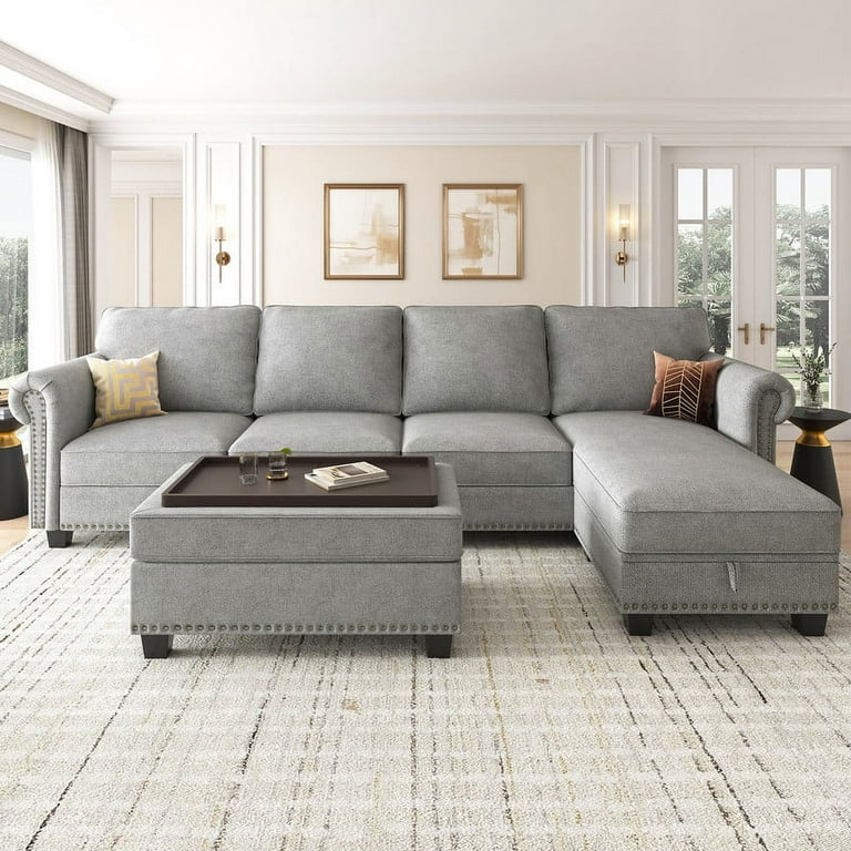 Nolany Convertible Sectional Sofa Sets with Reversible Chaise & Storage  Tray Ottoman for Living Room, Light Gray