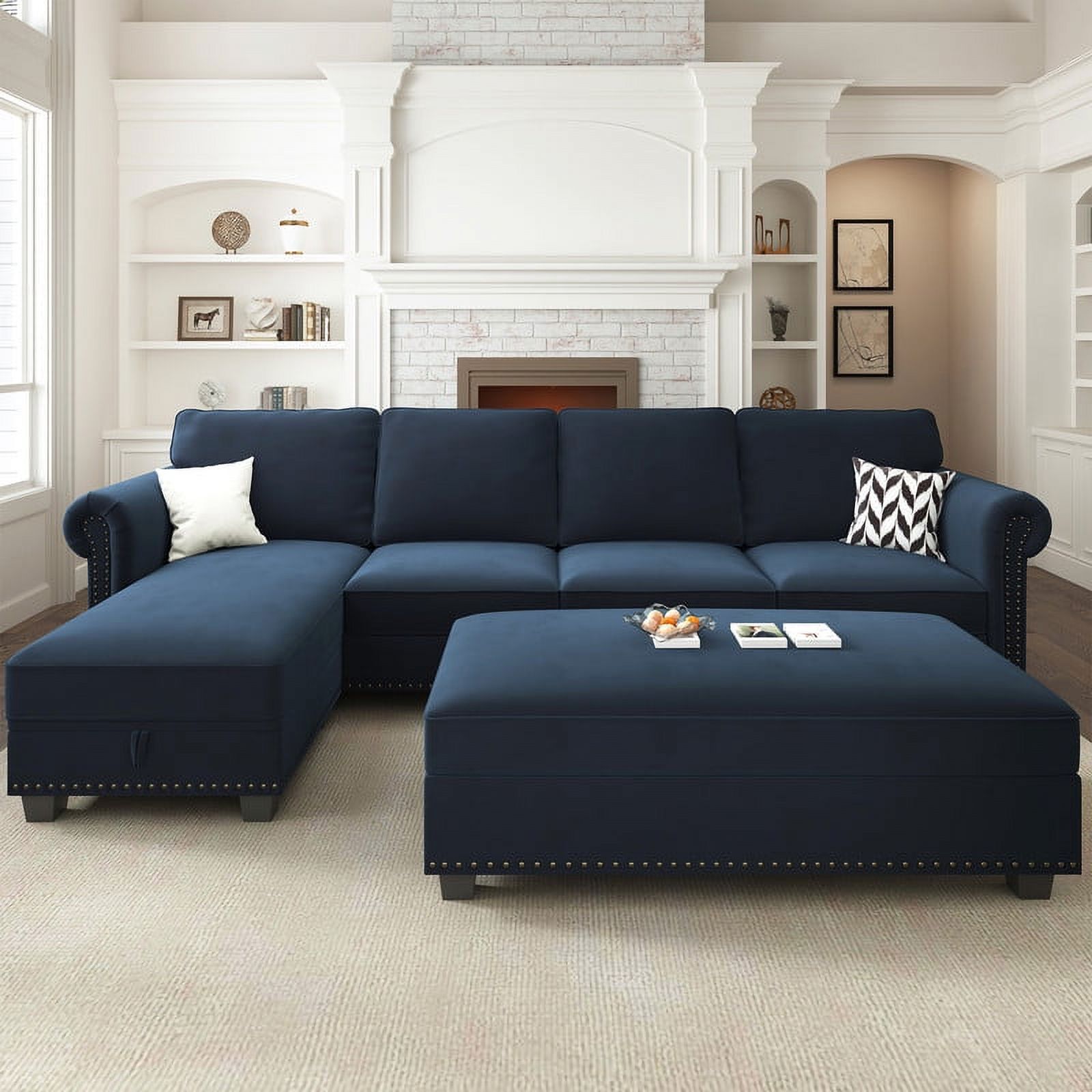 Nolany Modern Convertible Sofa Sets with Large Storage Ottoman for Living Room, Blue