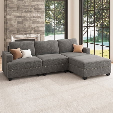 Nolany Modular Sectional Convertible Sofa with Storage Ottoman for Apartment and Living Room, Light Grey