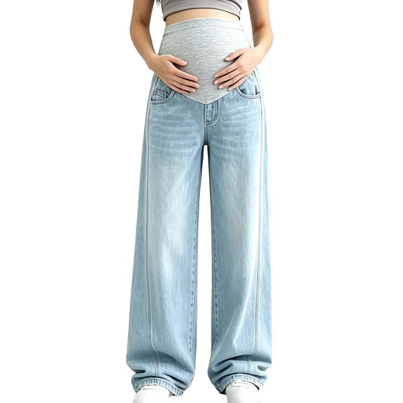 Nolissa Women's Maternity Jeans Wide Leg over the Belly Denim Pant High Waist Straight Leg Jeans with Pocket