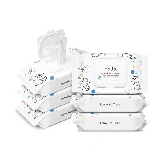 Nolla Nose and Face Wipes for Babies & Kids with Saline, Vitamin E, & Aloe | Unscented | Compostable, 180 Count (6 Packs of 30)