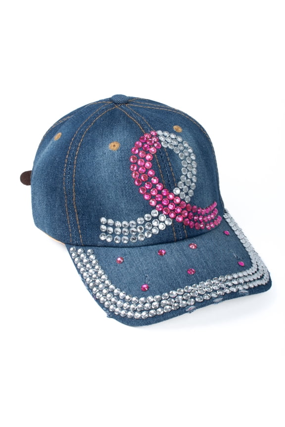 Cancer Awareness Hats for Women - Bling Baseball Cap Denim Rhinestone Hat with Adjustable Faux Leather Strap