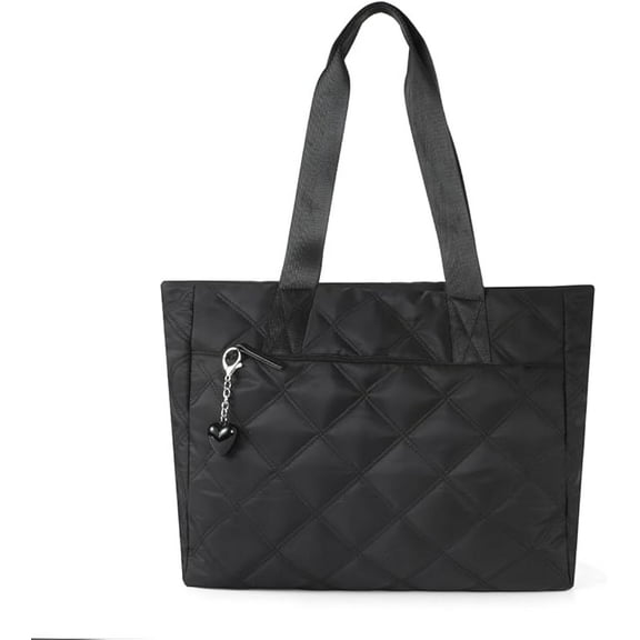 Nollia Quilted Tote Bag for Women – Lightweight Shoulder Handbag with Zipper Closure, Exterior Pocket & Heart Charm – Large Capacity for Work, Travel, Shopping, or Everyday Use