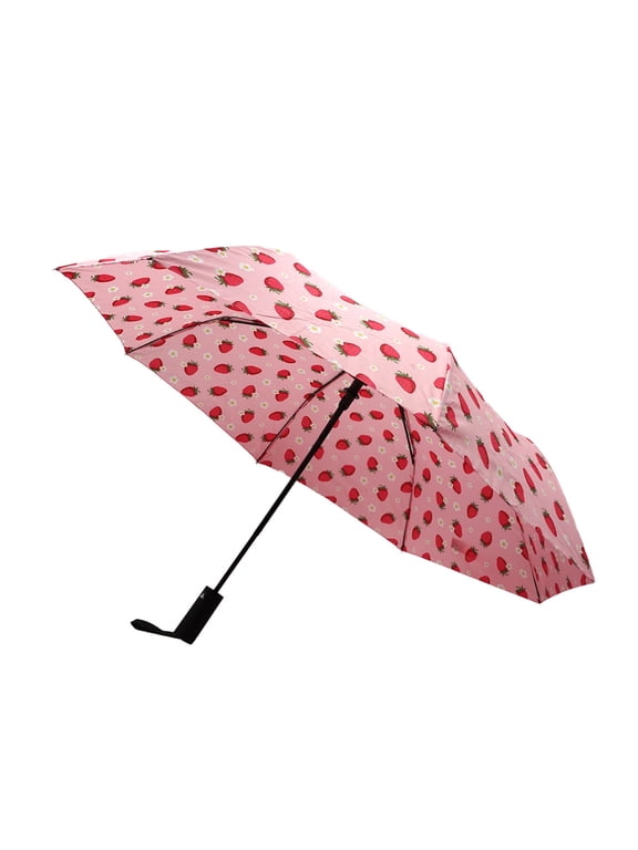 Windproof Automatic Travel Umbrella, Compact Portable with Reinforced Ribs for Sun & Rain-Automatic Strawberry