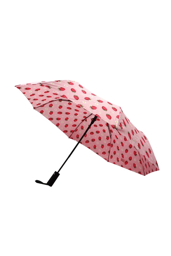 Windproof Automatic Travel Umbrella, Compact Portable with Reinforced Ribs for Sun & Rain-Automatic Strawberry