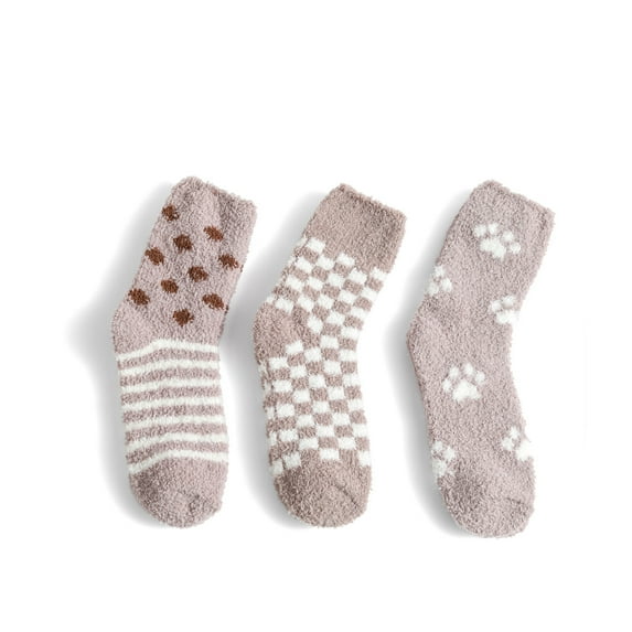 Nollia Women's Fuzzy Cozy Warm Sherpa Thick Knit Slipper Socks 3 Pack Set (Brown Pattern)