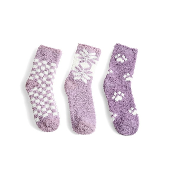Nollia Women's Fuzzy Cozy Warm Sherpa Thick Knit Slipper Socks 3 Pack Set (Purple Pattern)