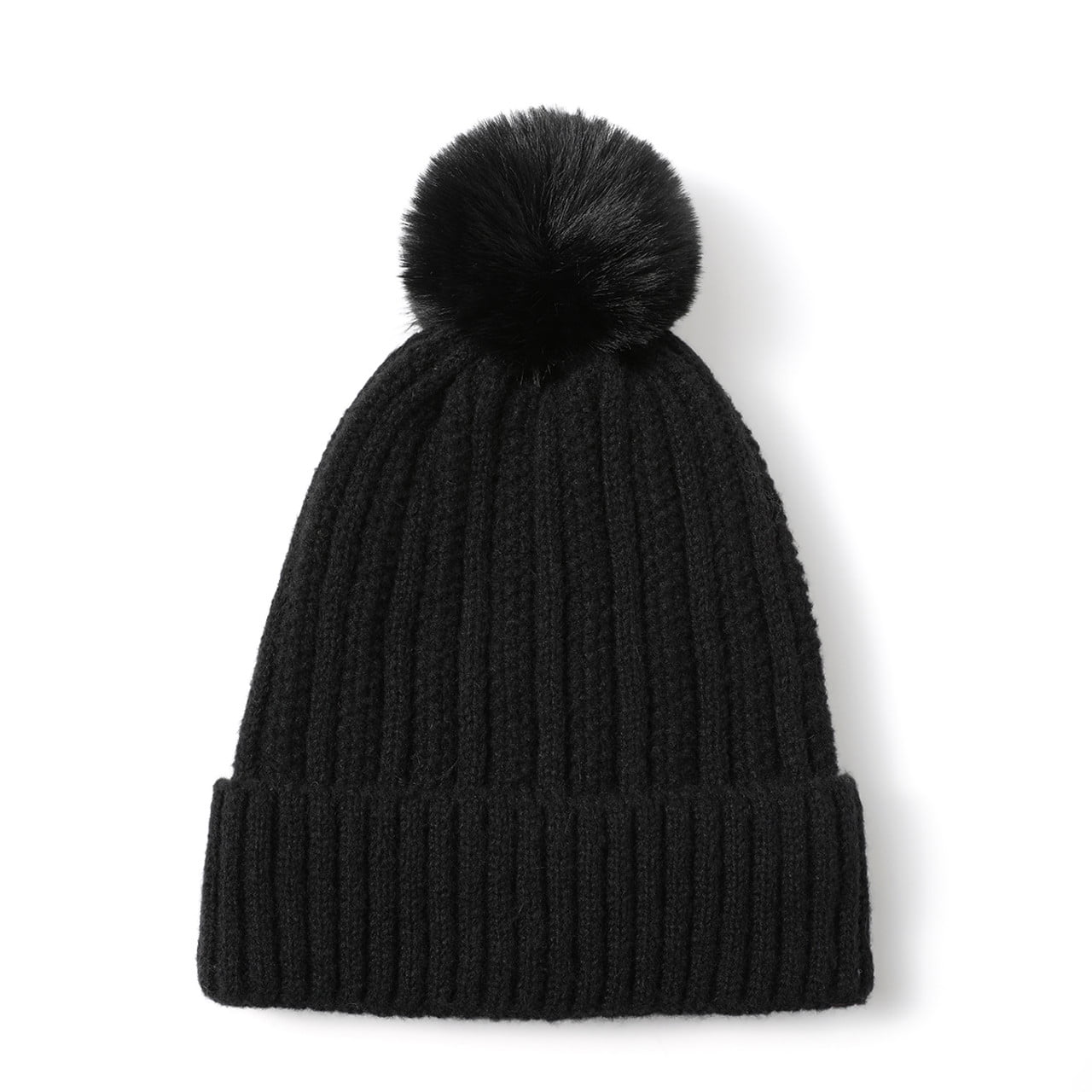 Xsby Women's Chunky Knit Beanie With Removable Fur Pom Pom - Warm Winter Hat, Pearl Black, One Size Fits Most