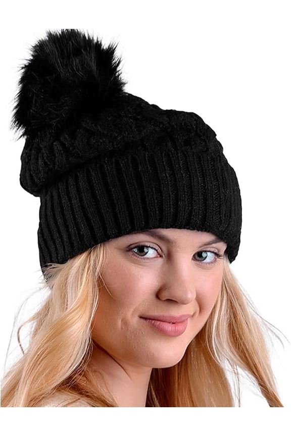 Women's Pom Pom Knit Winter Beanie for Cold Weather-Cozy Beanie Hat for Skiing, Snowboarding, Outdoor Winter Sports-Black Cable Knit Polyester Fleece