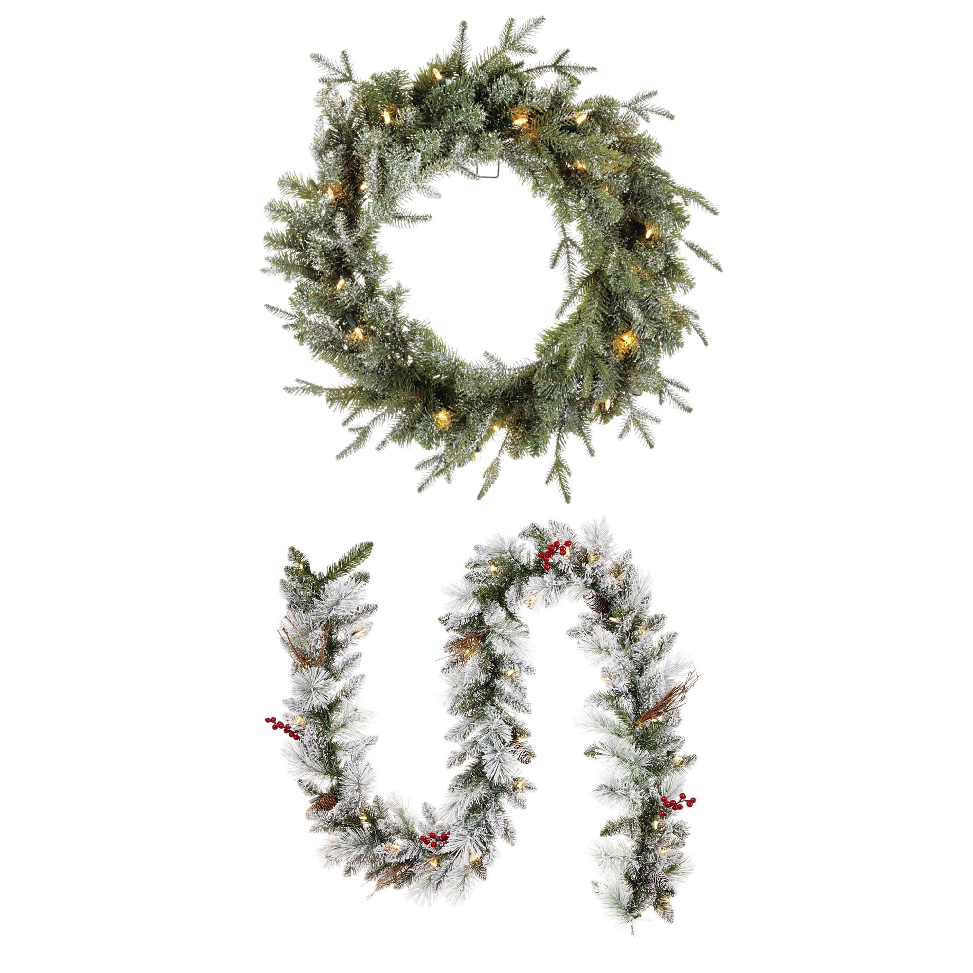 Noma 24" PreLit Frosted Fir Wreath & 9' Garland Mantle Decor w/LED