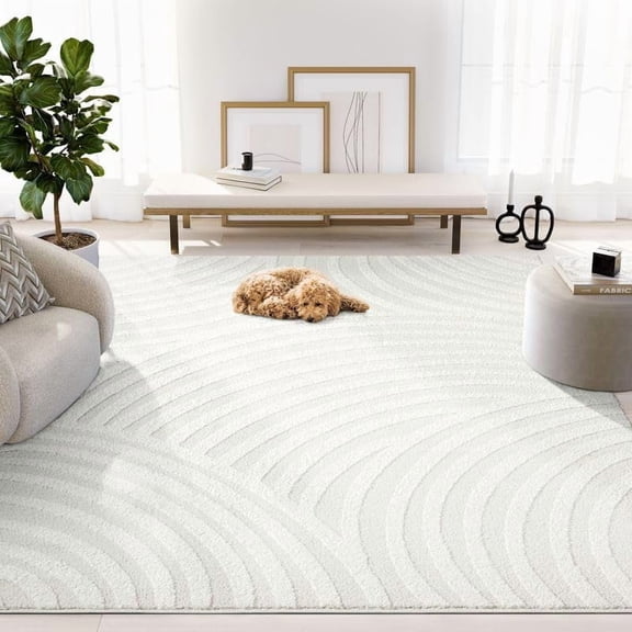 Nomad Cream Tone-on-Tone Area Rug 4' x 6' for Living Room, Bedroom - Linear Curves Pattern - Durable & Easy to Clean