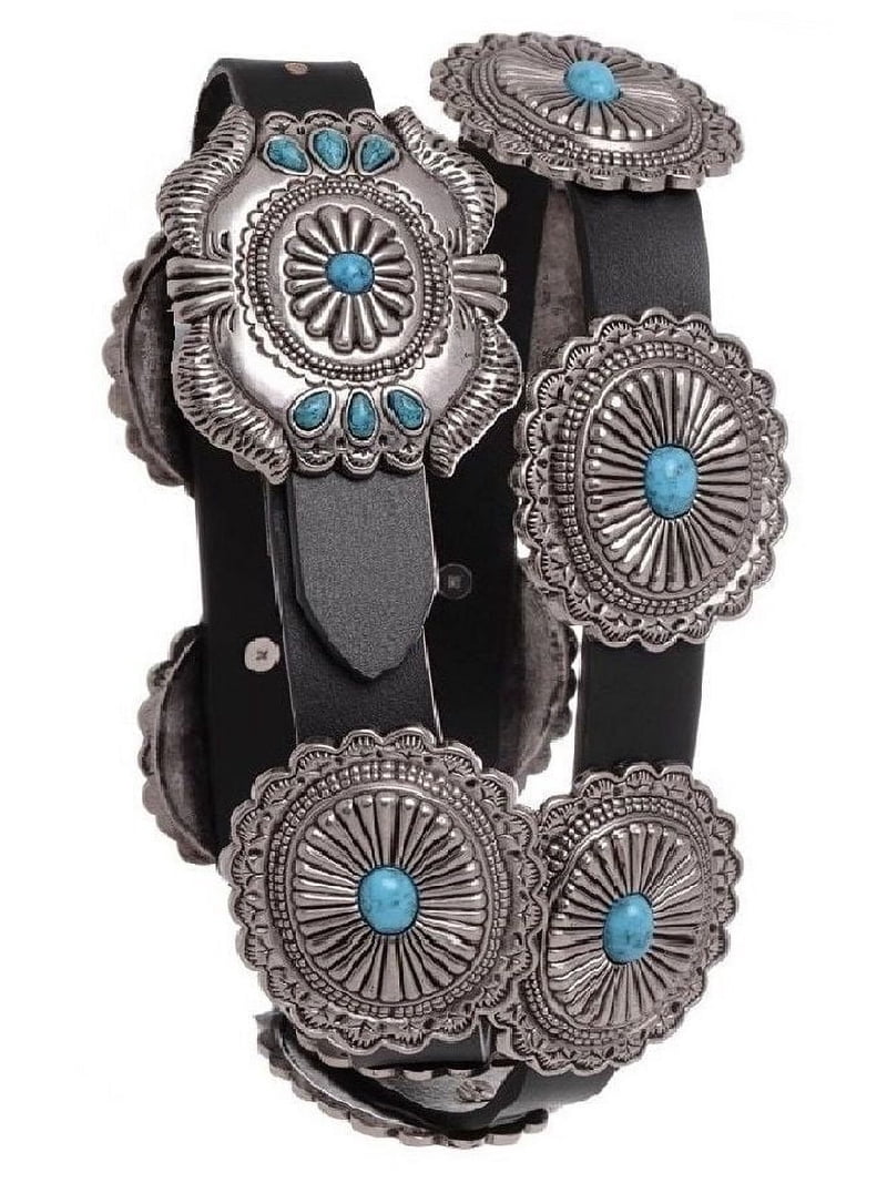 Nomad Creek Women\'s Turquoise Stone Studded Wide Leather Belt Western Turquoise Rhinestone Studded Faux Crocodile Print  main image 3