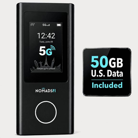 NomadsFi PocketFi 5G Mobile Hotspot for Travel with 50GB U.S. Starter Data | Portable WiFi Hotspot for Travel, No SIM Card Needed, Global Plans for 200+ Countries, 16 Connected Devices for RV Camping