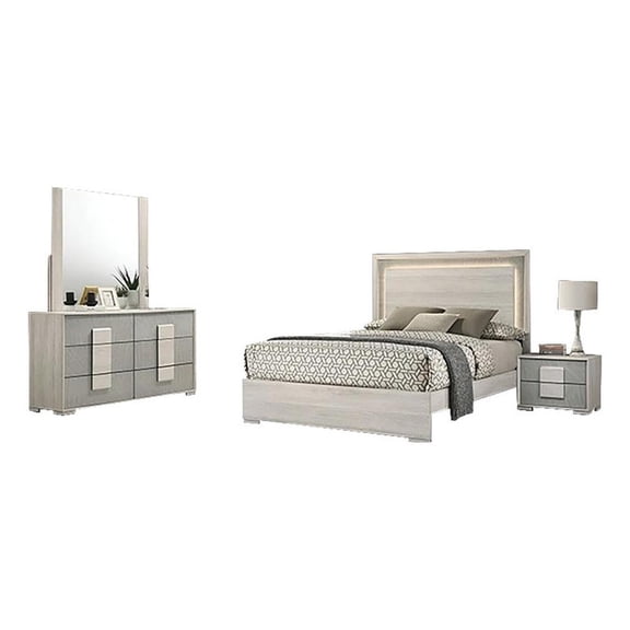 Nomi 4pc Queen Bedroom Set w LED Headboard- Stone Gray Drawers