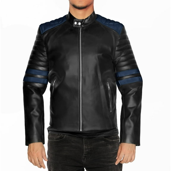 NomiLeather black leather jacket | mens leather jacket and genuine leather jacket men (Black With Blue Strip ) Small
