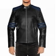 thumbnail image 1 of NomiLeather black leather jacket | mens leather jacket and genuine leather jacket men (Black With Blue Strip ) XXX-Large, 1 of 7