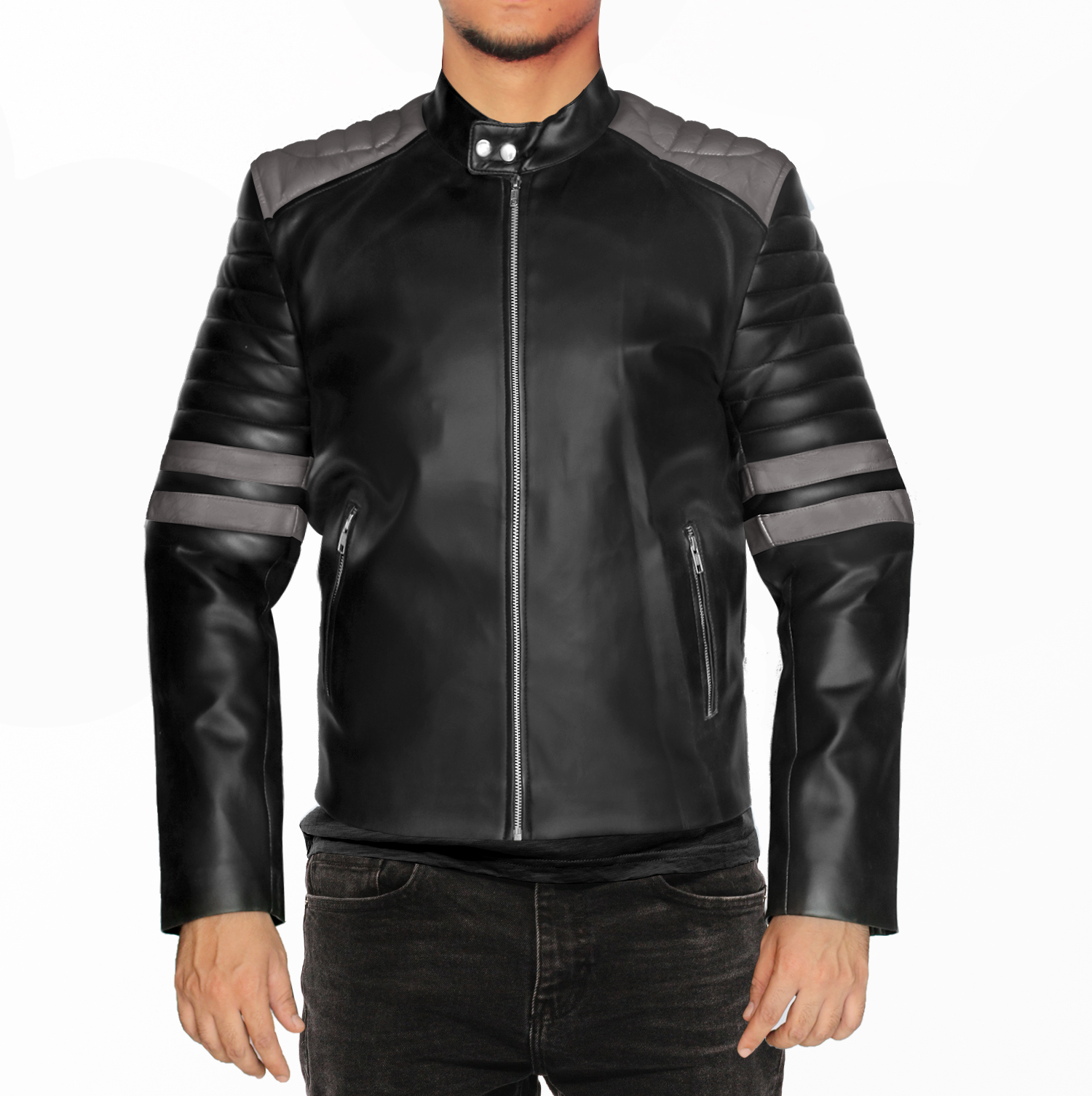 NomiLeather black leather jacket | mens leather jacket and genuine leather jacket men (Black With Grey Strip ) X-Small - image 1 of 7