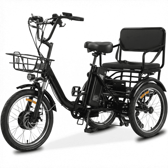 NOMIGO Two-Seat Electric Tricycle for Adults, Foldable 3 Wheel E-Bike for Errands with Rear Seat, Large Baskets and 48V Battery