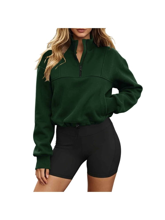 1/4 Zip up Cropped Sweatshirts for Women Fall Winter Long Sleeve Crop Pullover Top with Pockets