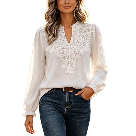 NominalSnug Blouses for Womens Dressy Casual Long Sleeve Ruffle Cuff Work Shirts Lace V Neck Elegant Business Tops