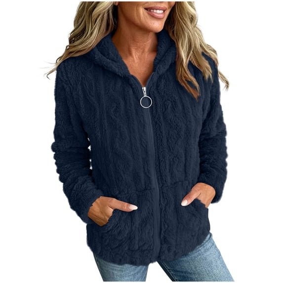 NominalSnug Fuzzy Fleece Jackets for Women Full Zip up Long Sleeve Coat Stand Collar Outwear Thicken Winter Warm Colthes