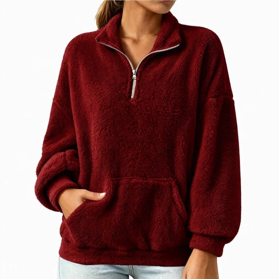 NominalSnug Fuzzy Fleece Sweatshirts for Women 1/4 Zip up Long Sleeve Top Loose Fit Warm Pullover Jackets with Pocket