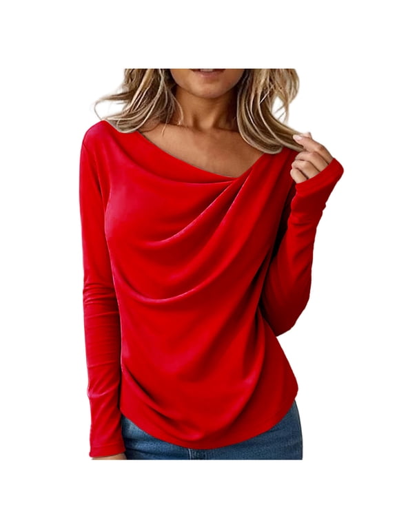 Long Sleeve Shirts for Women Ruched Asymmetrical Top Slim Fitted Going out Top Dressy Casaul Blouses