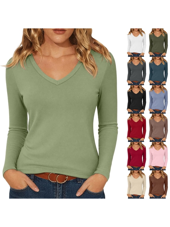 Long Sleeve Shirts for Women V Neck T Shirts Stretchy Plain Basic Tee Loose Fit Soft Fall Tops