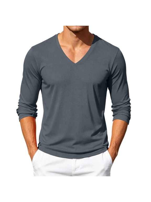 Men's Long Sleeve T-Shirt Lightweight Casual V Neck Shirts Breathable Tee for Daily Wear
