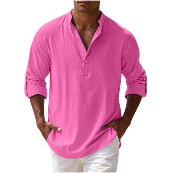 NominalSnug Mens Cotton Linen Shirts Collarless Long Sleeve Tops Button Down Casual Pullover Soft Breathable Basic Tees Fall Outfits