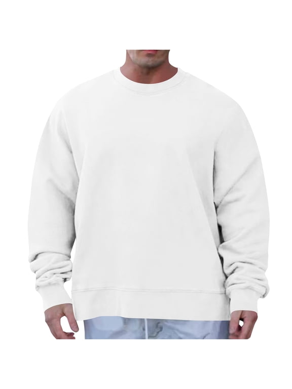 Mens Fleece Lined Sweatshirts Plain Long Sleeve Tops Crewneck Pullover Winter Warm Top