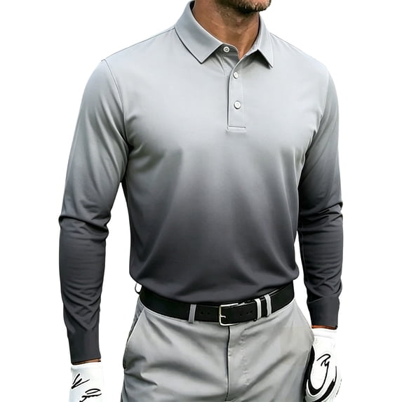 NominalSnug Mens Golf Shirts Long Sleeve Gradient Color Collared Athletic Pullover Tops