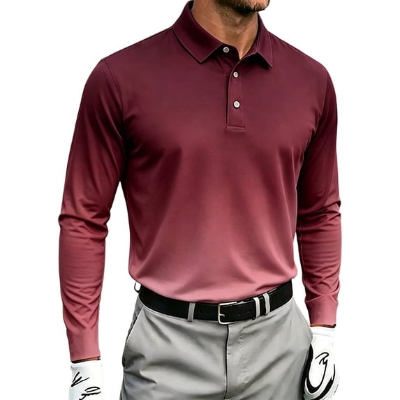 NominalSnug Mens Golf Shirts Long Sleeve Gradient Color Collared Athletic Pullover Tops