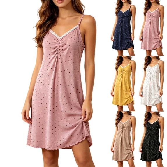 NominalSnug Nightgowns for Women Spaghetti Strap Night Gown Sleeveless Lace Sleep Shirt Deep V Neck Soft Chemise Sleepwear Sleep Dress