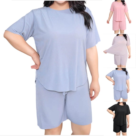 NominalSnug Plus Size Pajamas Sets for Women Crewneck Short Sleeve Top Drawstring Shorts Soft Sleepwear