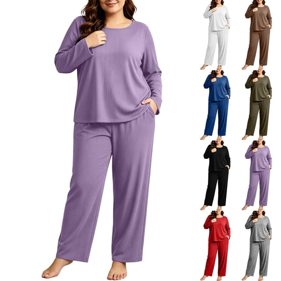 NominalSnug Plus Size Pajamas for Women Set Ribbed Knit Pjs Womens 2 Piece Long Sleeve Pajama Sets with Pockets Sleepwear